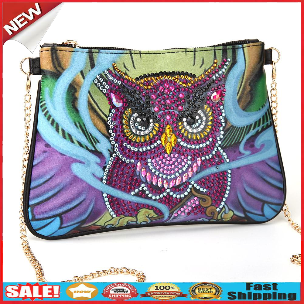 DIY Owl Special Shaped Diamond Painting Leather Crossbody Bags Chain Clutch @