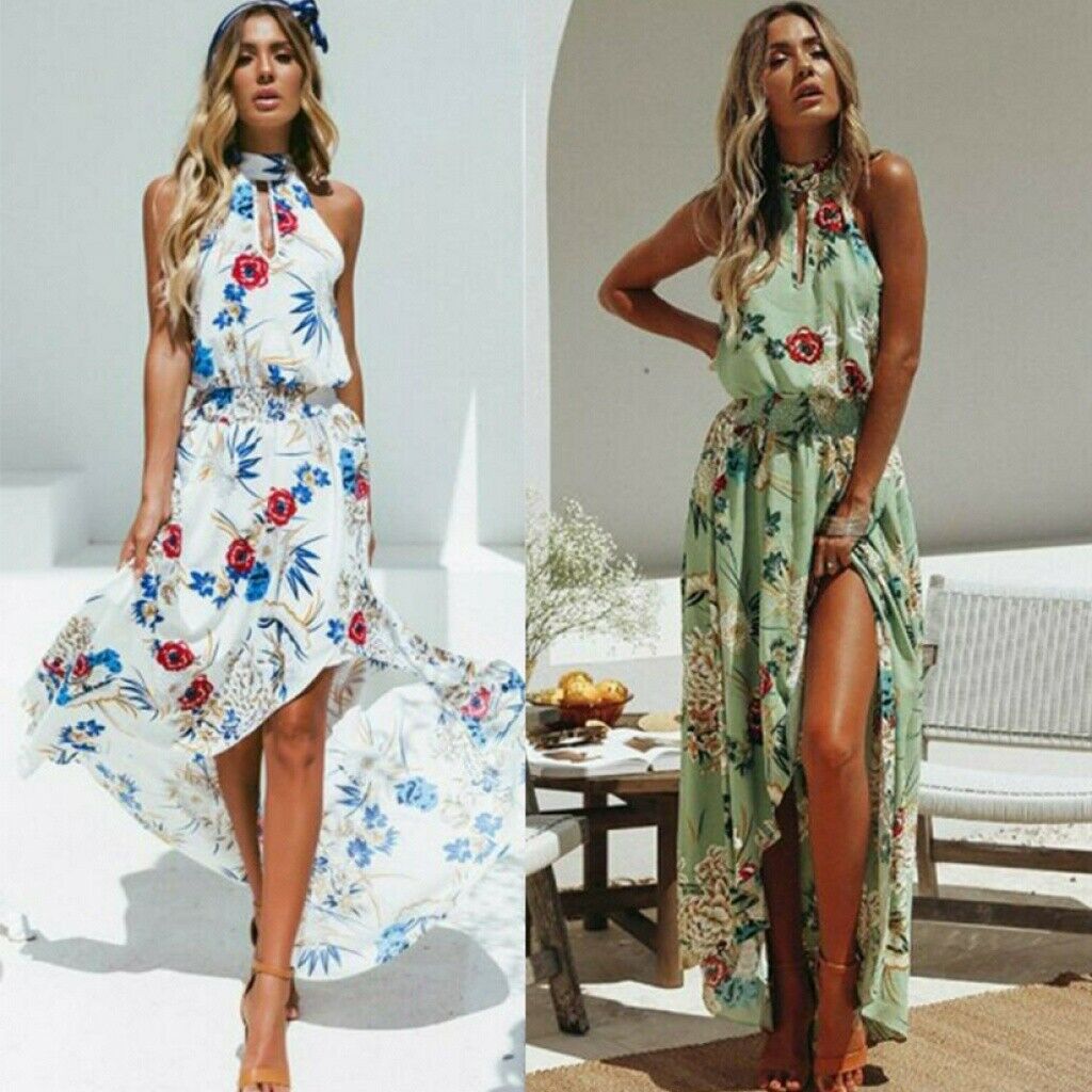 Summer Womens Boho Floral Long Maxi Dress Evening Party Beach V Neck Dress
