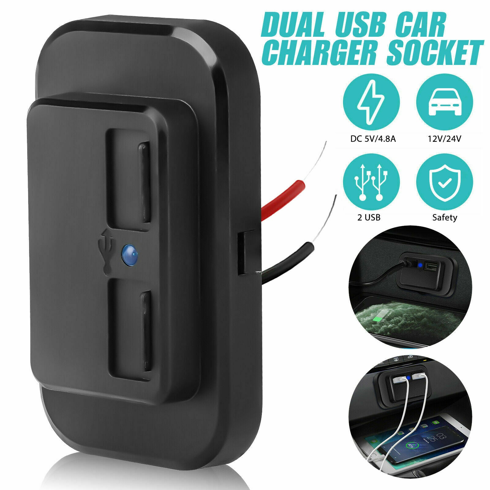 12V/24V LED Dual USB Car Fast Charger Socket Power Outlet For RV Car Boat Marine