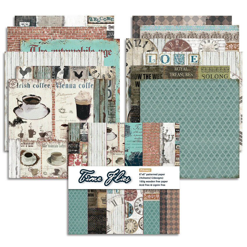 12Pcs 6" Time Flies Scrapbooking Paper Pad DIY Handmade Craft Background Decor