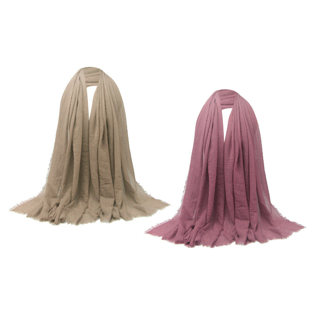 2PCS Women Long Scarf Plain Pleated Hijab Muslim Turban Headscarf Neck Wrap