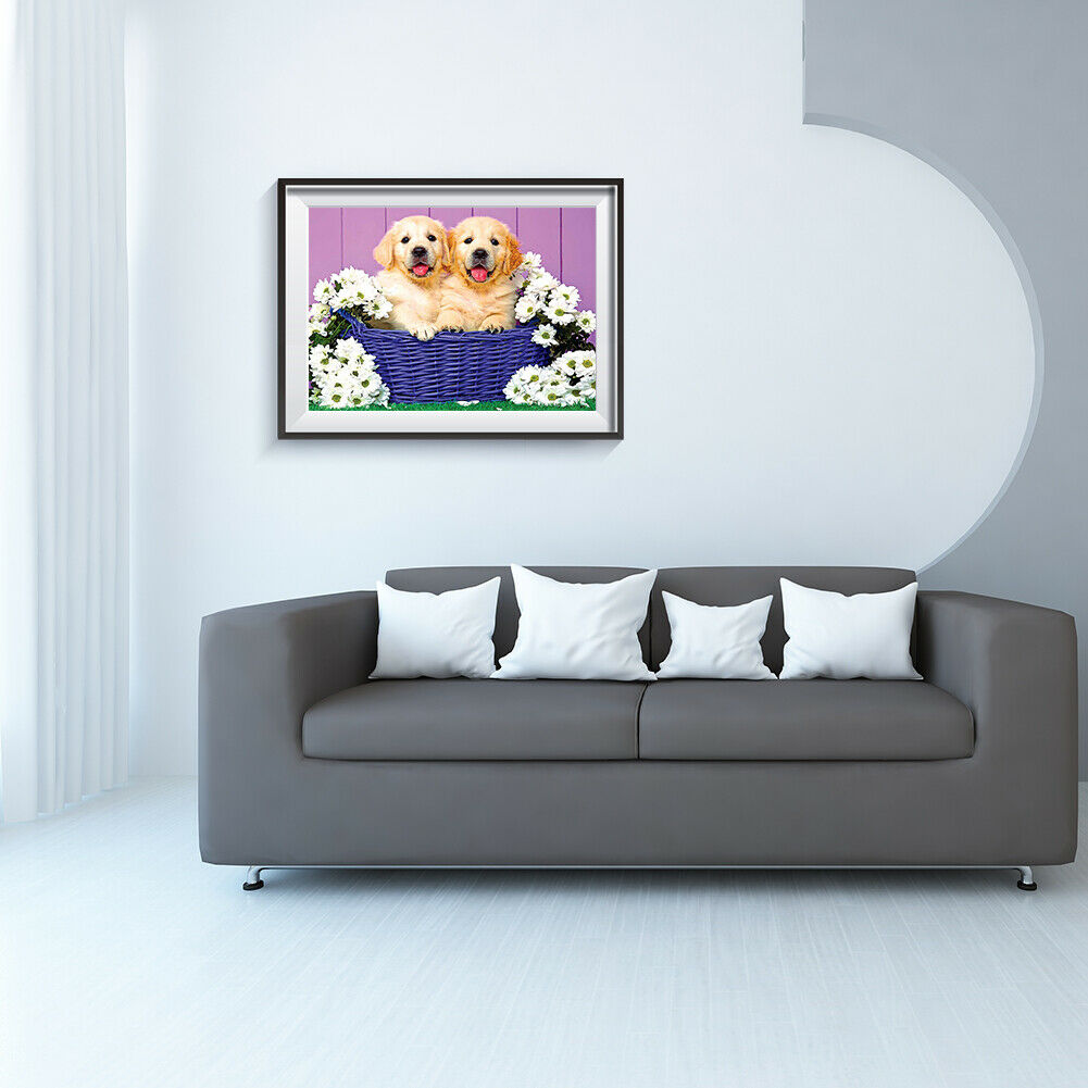 5D DIY Diamond Painting Two Dogs in Basket Full Drill Animal Cross Stitch @