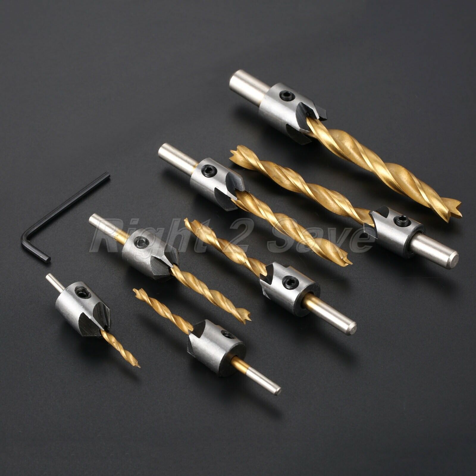 7Pcs HSS 5 Flutes Countersink Drill Bits Set Chamfer Hex Shank Woodworking Tool