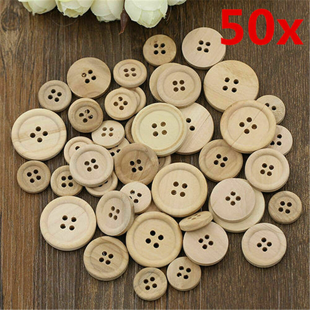 50 Pcs Mixed Wooden Buttons Natural Color Round 4-Holes Sewing Scrapbooking US