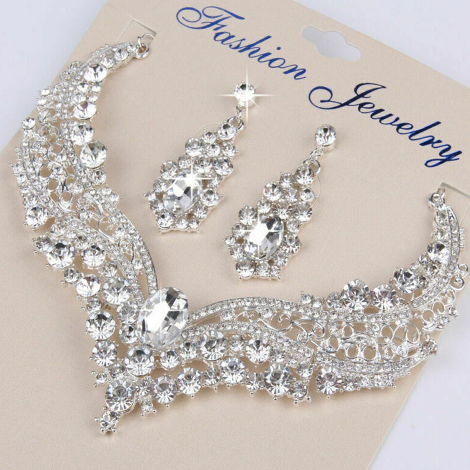 Women Bridal Wedding Cut Crystal Cubic Necklace Earrings Jewelry Set Prom Party
