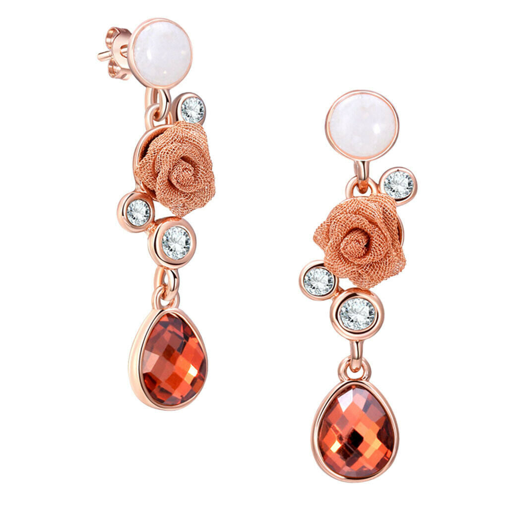 Chic Floral Roses Flower Drop Earrings Czech Drill Alloy Jewelry Accessories