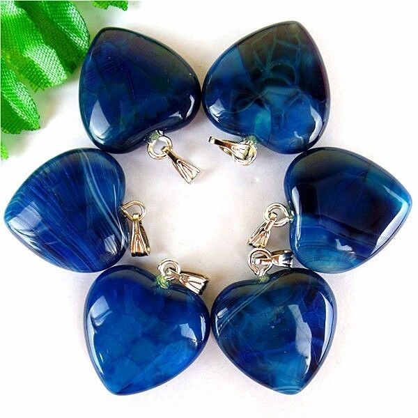 6Pcs Blue & Black Dragon Veins Agate Love Heart Pendant Bead 20x20x7mm HH544
