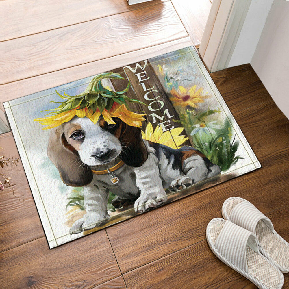 Welcome Dog and Sunflower Plush Bathroom Decor Mat with Non Slip Backing 16X24"