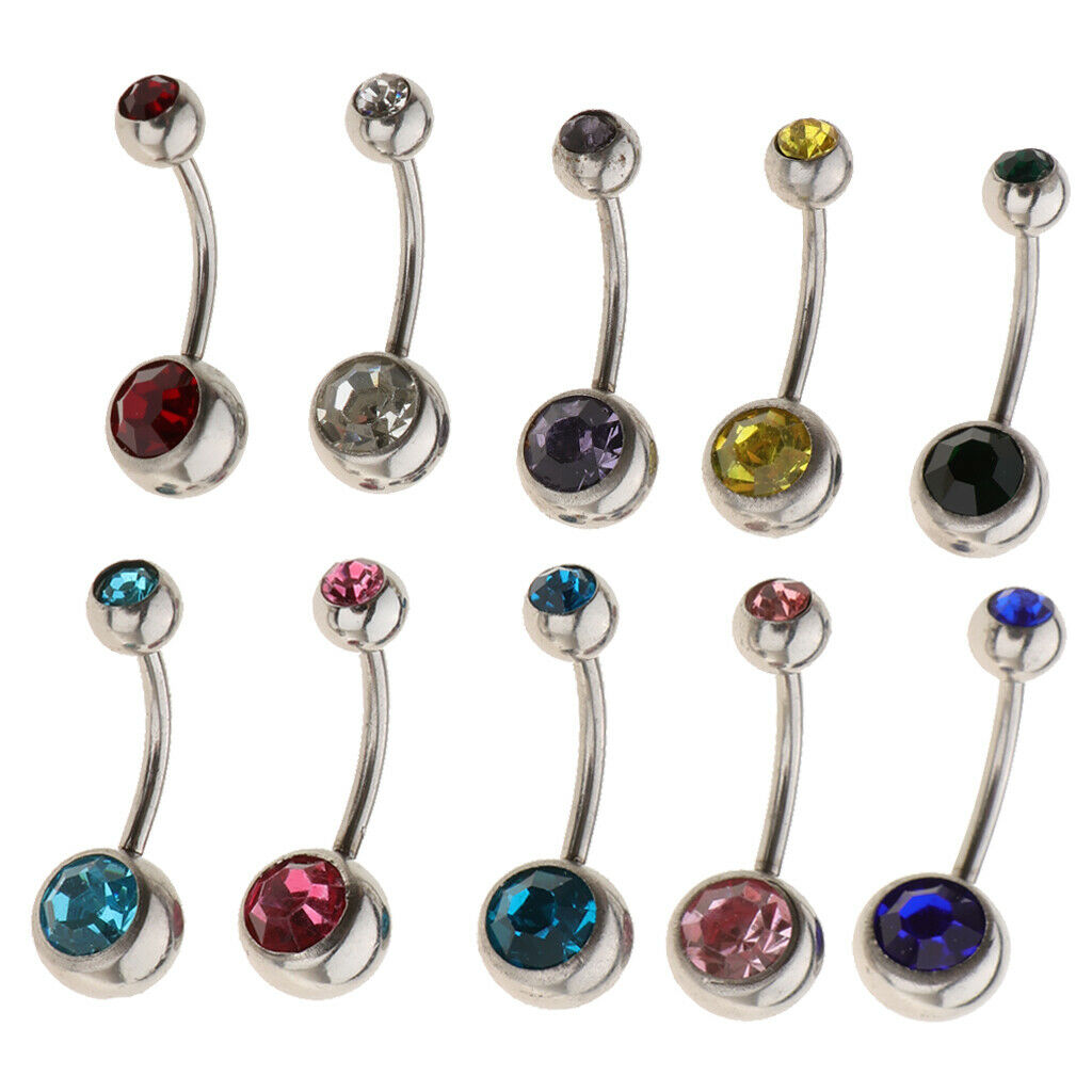 10Pcs Stainless Steel Navel Ring Curved Barbell Piercing Crystal Rhinestone