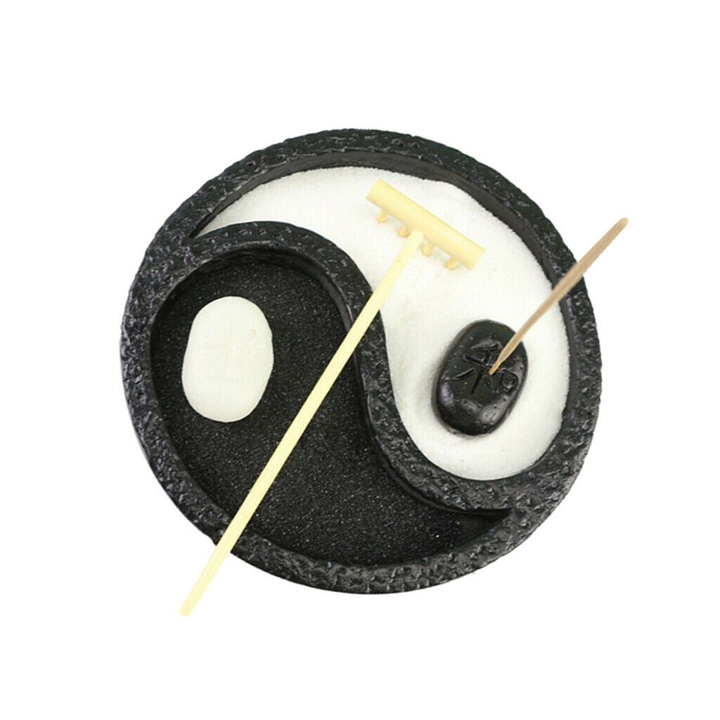 15cm Round Mini Yin Zen Garden w/Rake Desktop Meditating Sandbox Decor Black