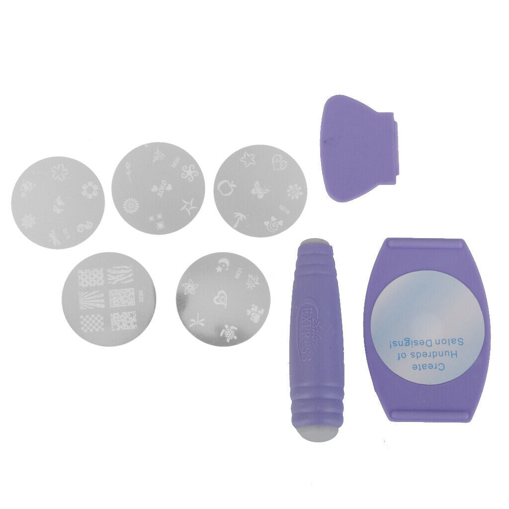 Nail Art Stamp Stencil Stamper + 8pcs Nail Art Sponge Stamping Template Set