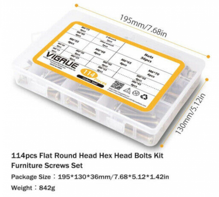 114Pcs Furniture Hexagon Socket Screw Nut Kit with Installation Wrench Combo
