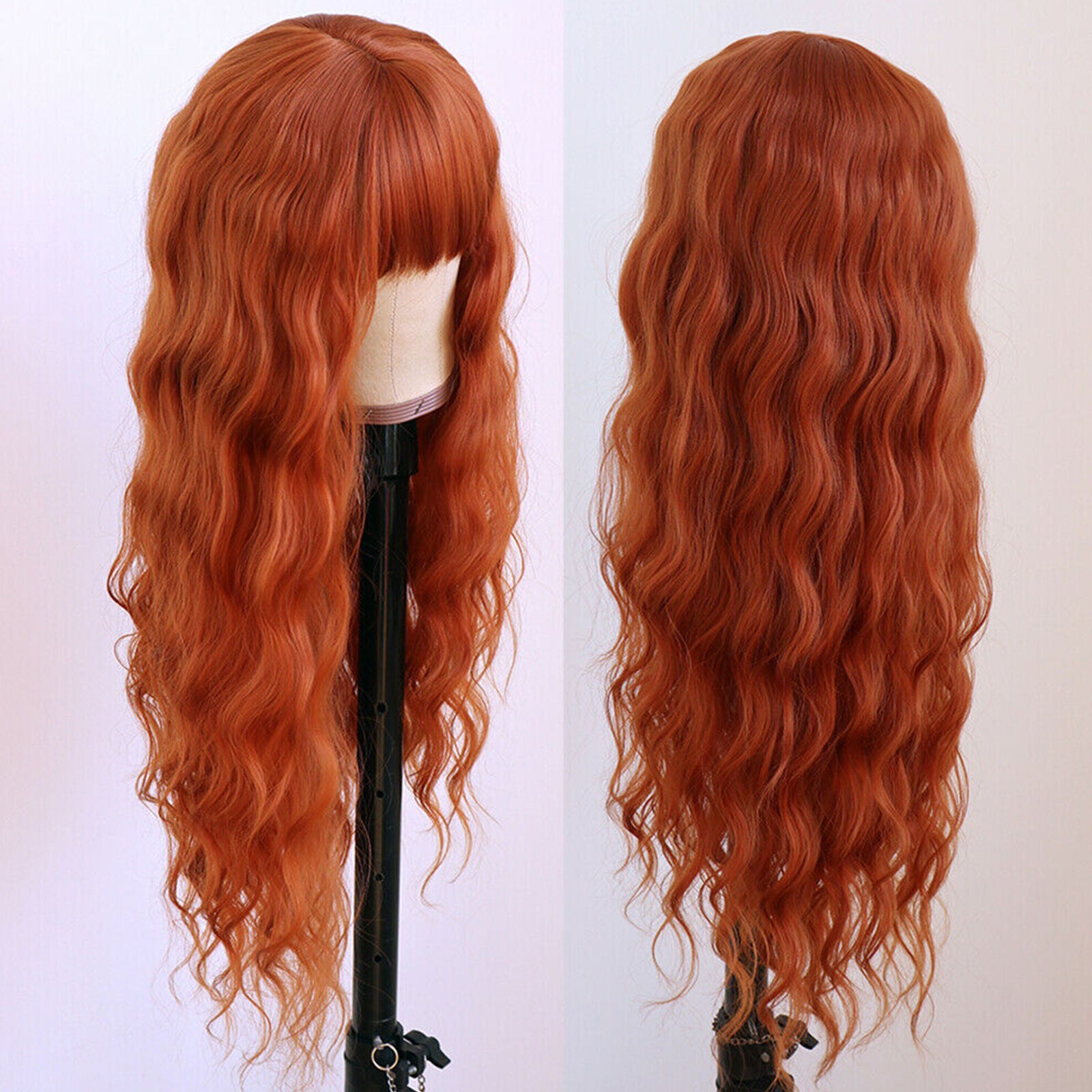 Long Loose Wavy Wig Orange Heat Resistant Synthetic Hair Wigs Full Bangs Natural