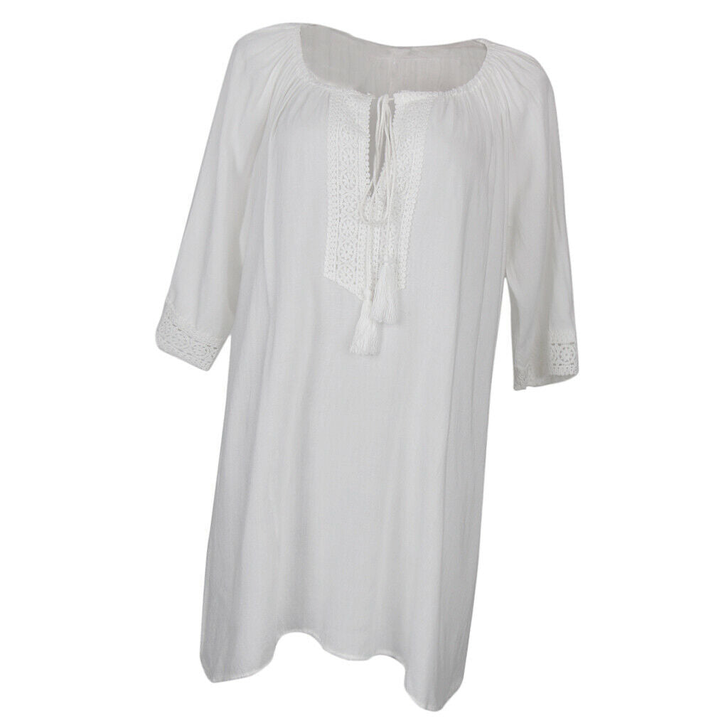Women Tassel Lace Bathing Suit Beach Dress Swimwear Bikini Cover Up White L