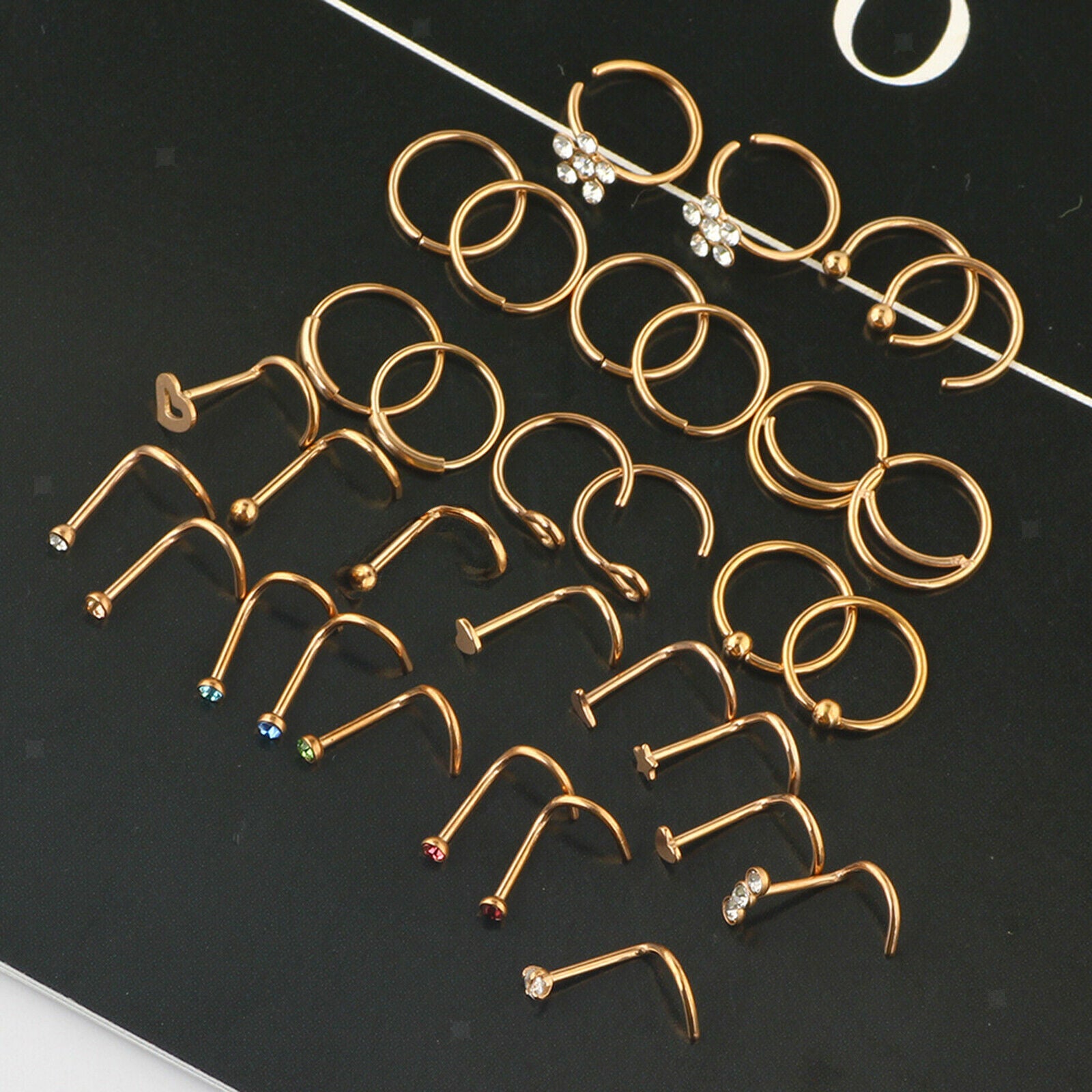 32pcs Stainless Steel Nose Rings Hoop L-Shaped Studs Piercing Jewelry Set for