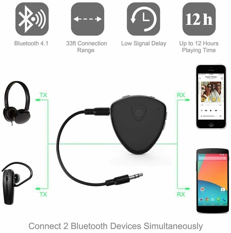 Bluetooth 5.0 Receiver Transmitter 3.5mm AUX Stereo For TV PC Headphone Speaker
