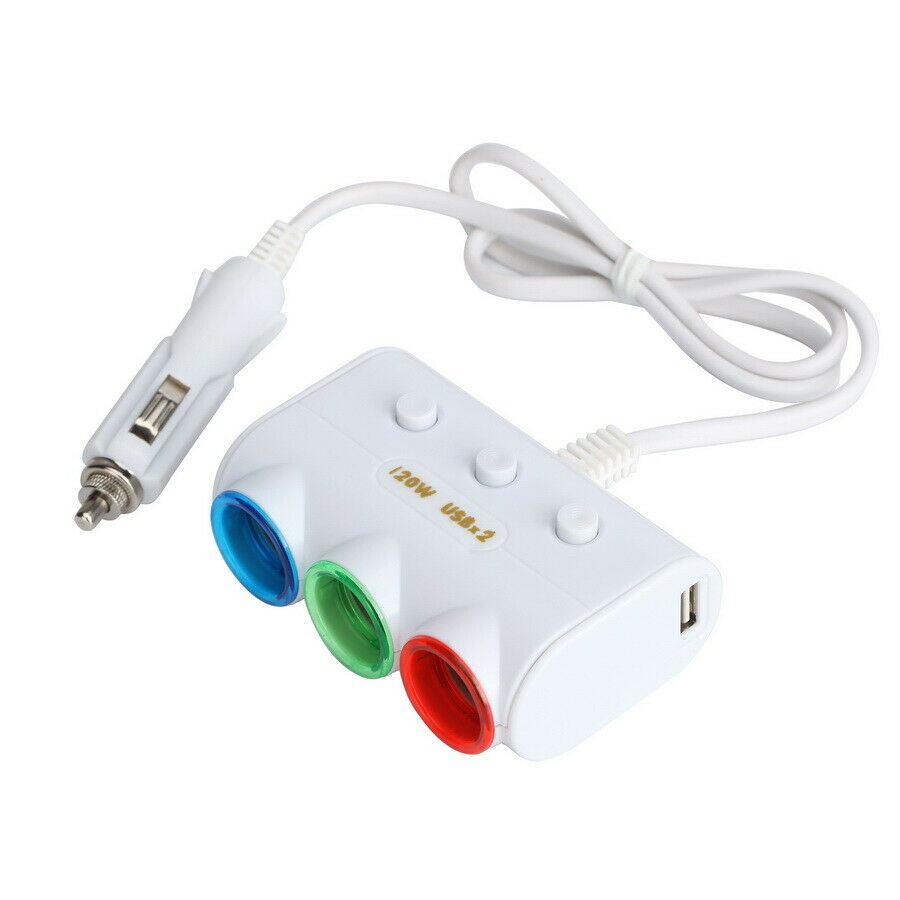 1 x 3 Way 120W White Car USB Cigarette Lighter Socket Splitter Charger Adapter