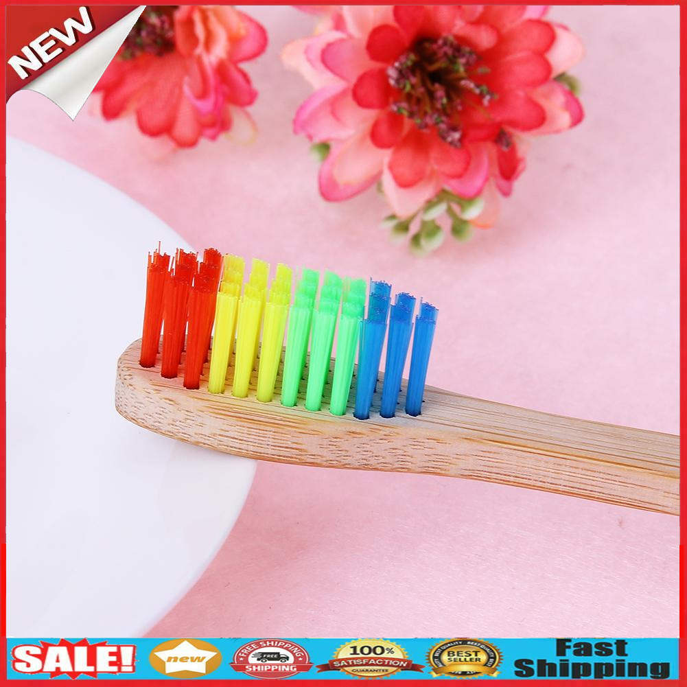 10pcs Soft Rainbow Head Bamboo Toothbrushes Oral Care Teeth Whitening Tools @