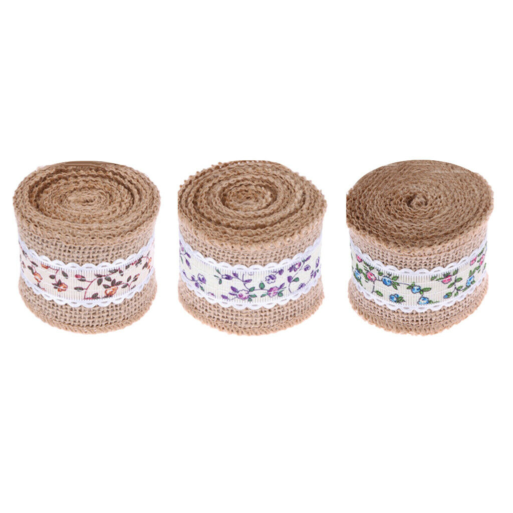 3 x Rose Flower Natural Jute Burlap Ribbon Roll Wedding Holiday Party Supply