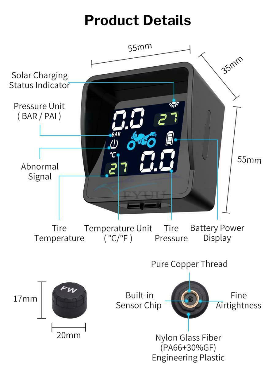 1Set Waterproof TPMS Pressure Sensor LCD Motorcycle Tire Pressure Monitor System