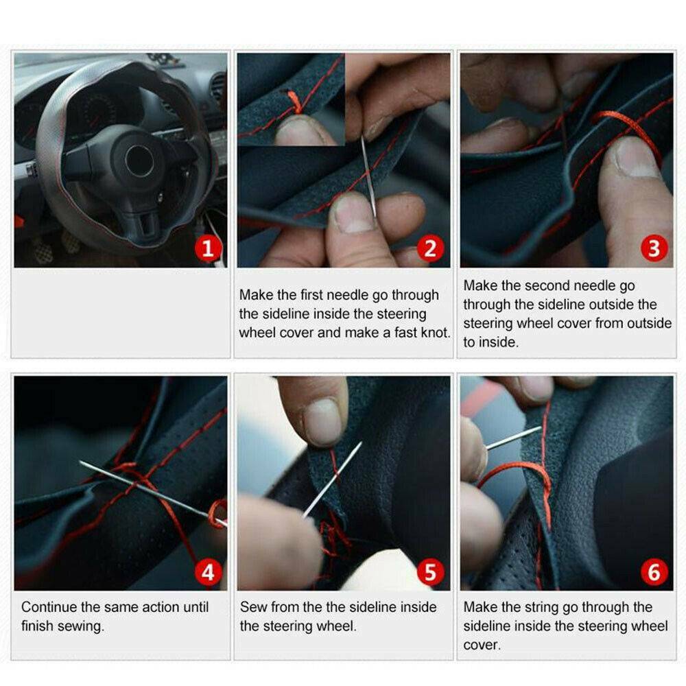 Genunie Leather Auto Car Steering Wheel DIY Cover With Needles Thread Decor
