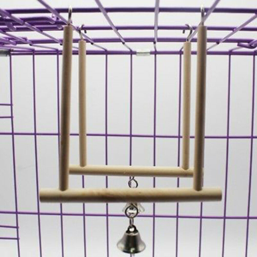 Birds Perch Parrot Play Toys Stand Holder natural Wooden Swing Bell Cage H.l8