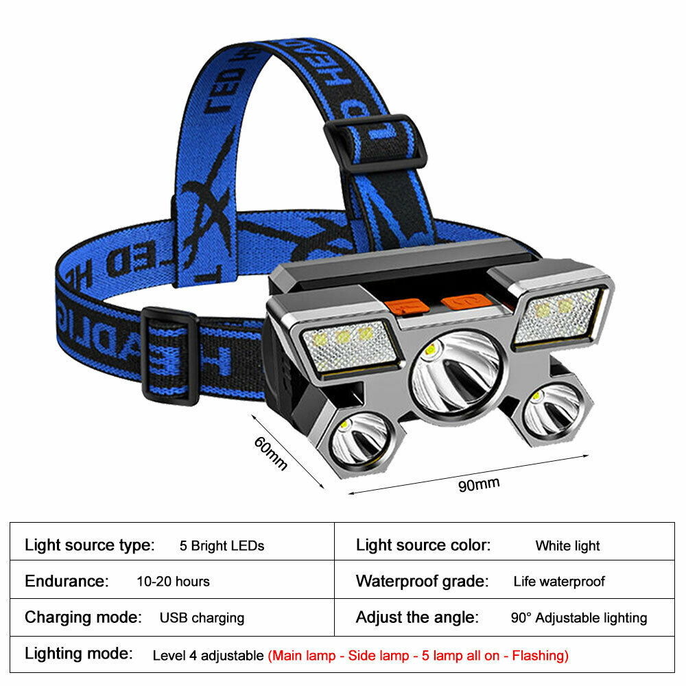 Waterproof LED Headlamp 5 LED Rechargeable Head Light Torch for Fishing Camping