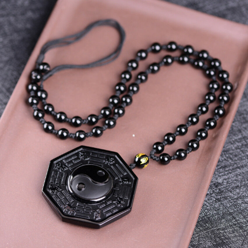 China Natural Black Obsidian Hand-Carved BaGua Lucky Amulet Pattern Pendant