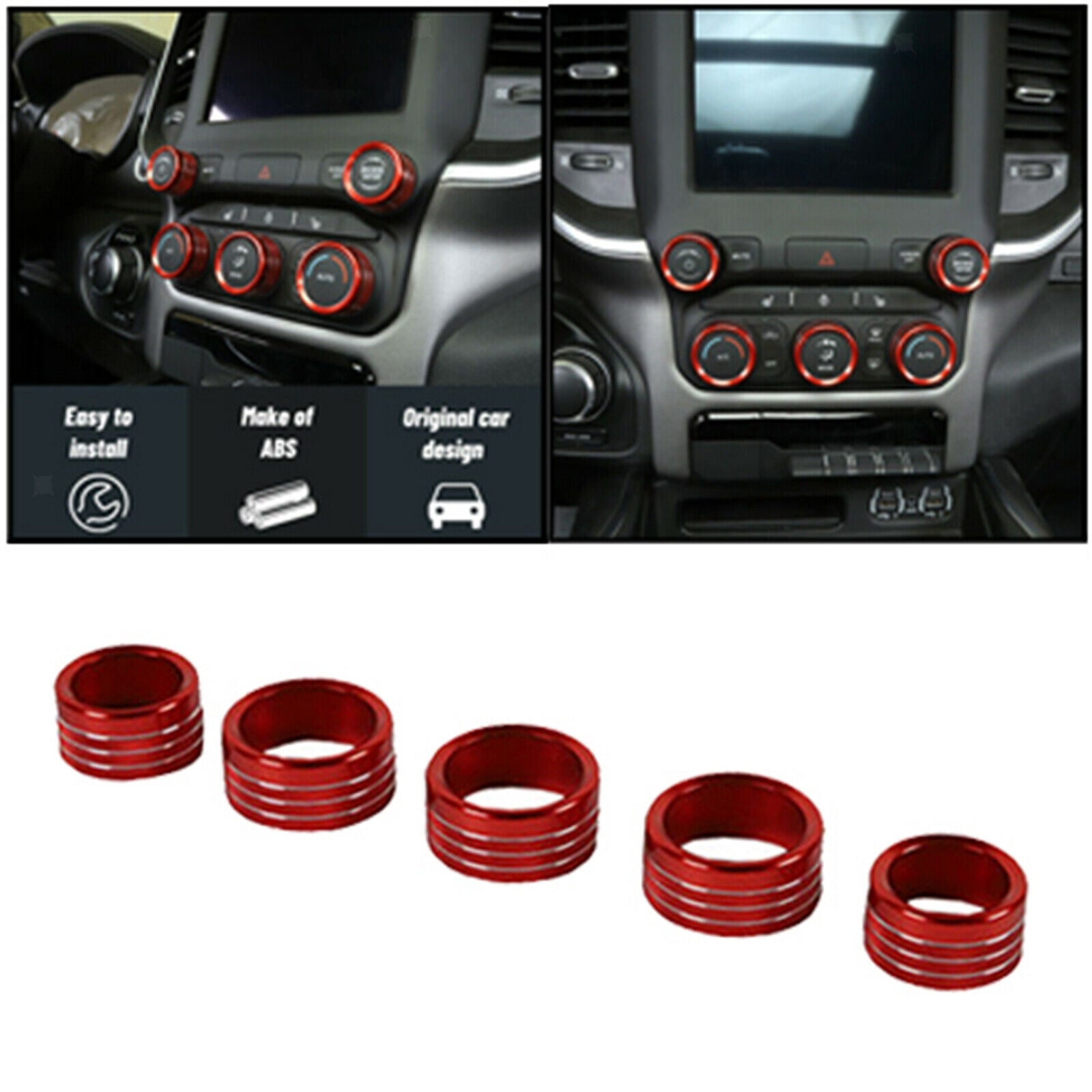 Center Console AC Radio Switch Knob Cover Rings For Dodge RAM 1500 2018+ Red