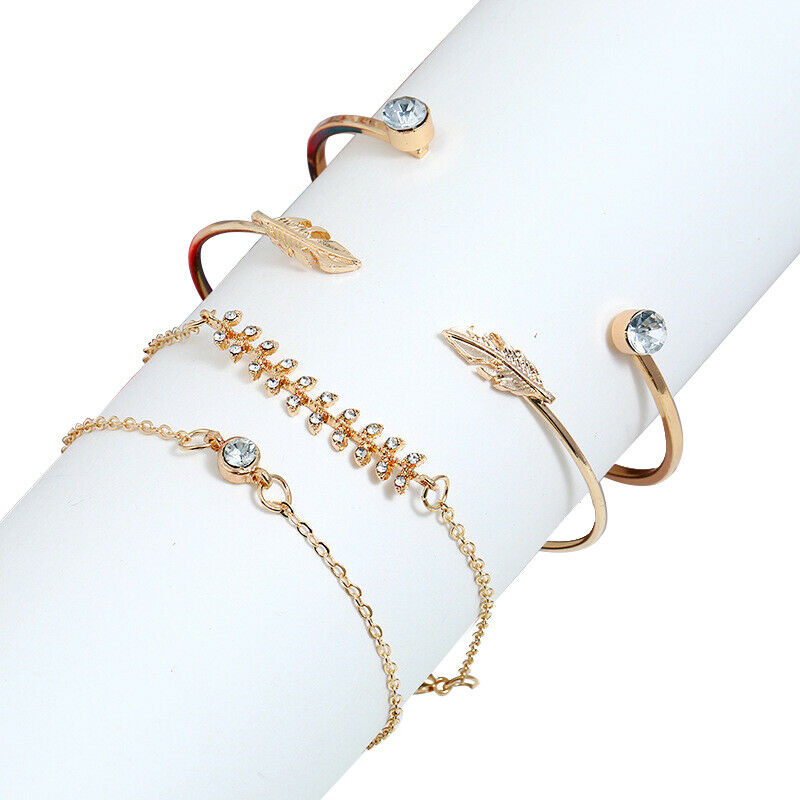 4Pcs/set Fashion Women Geometric Crystal Leaf Bracelet Adjustable Bangle .l8