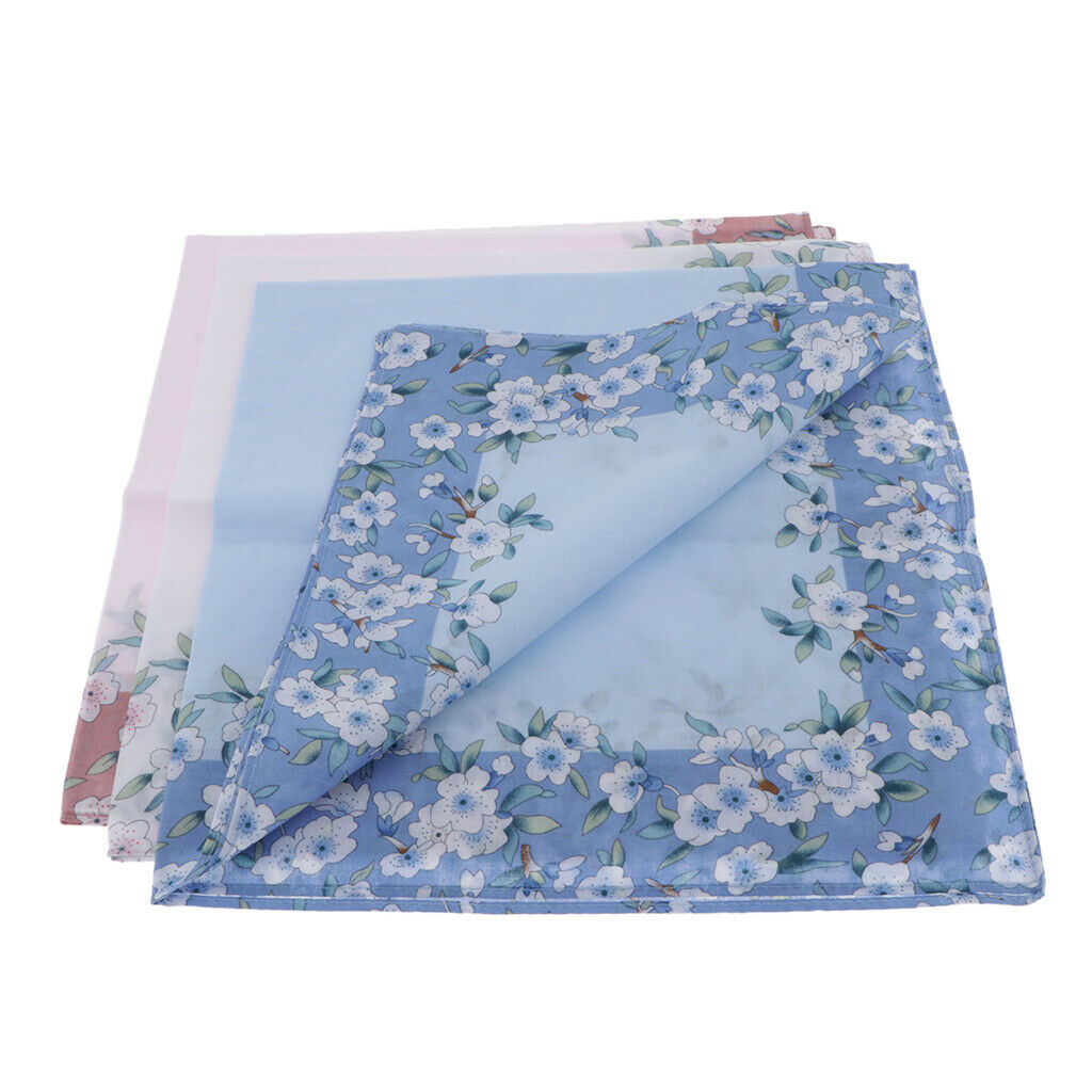3pcs Women Cotton Handkerchiefs Flower Floral Hanky Kerchiefs Ladies Hankie