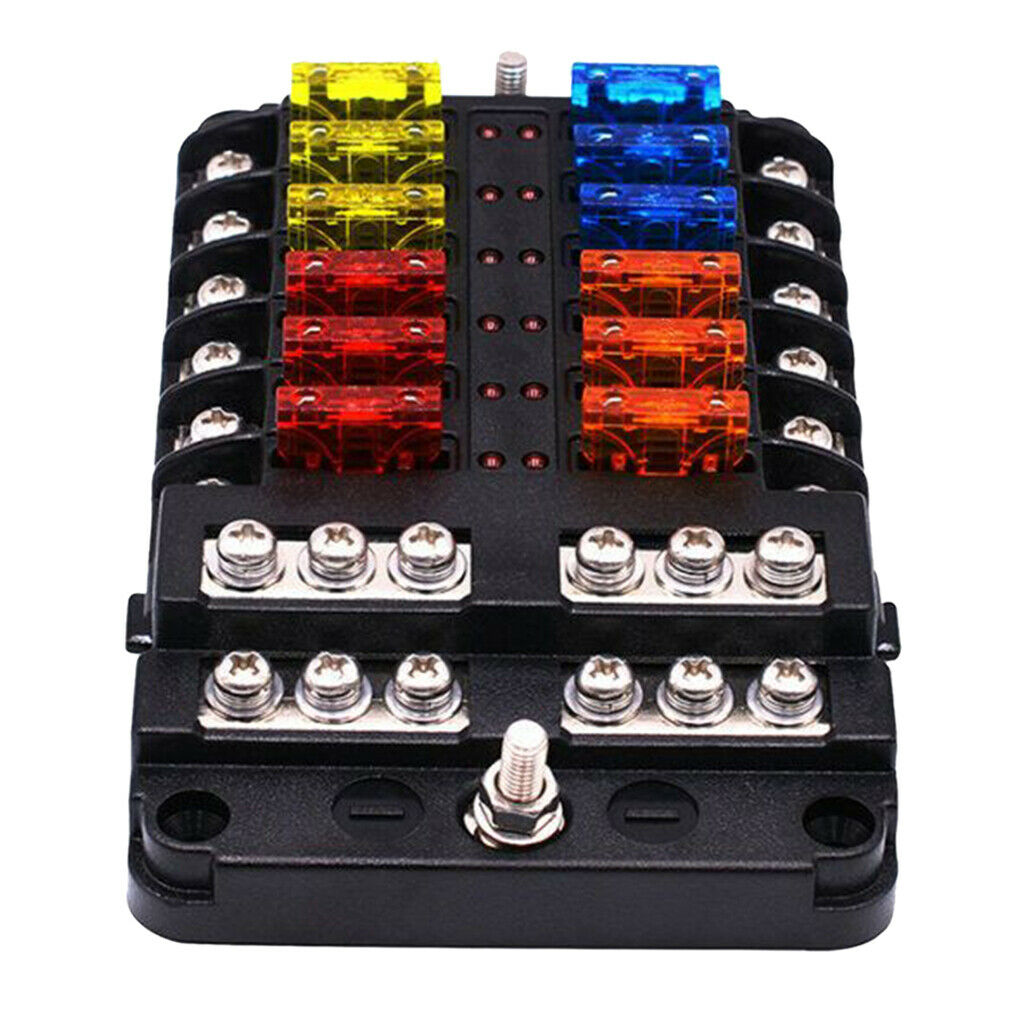 12 Circuit Automotive Fuse Holder LED Illuminated for Car Marine RV Yacht