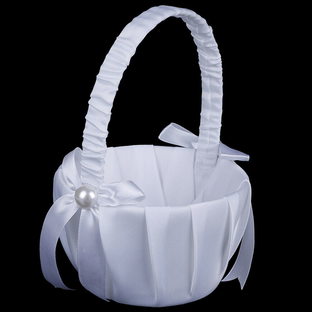 White Satin Beaded Wedding Flower Girl Basket Bowknot Decor NTJ ueJCA.DD