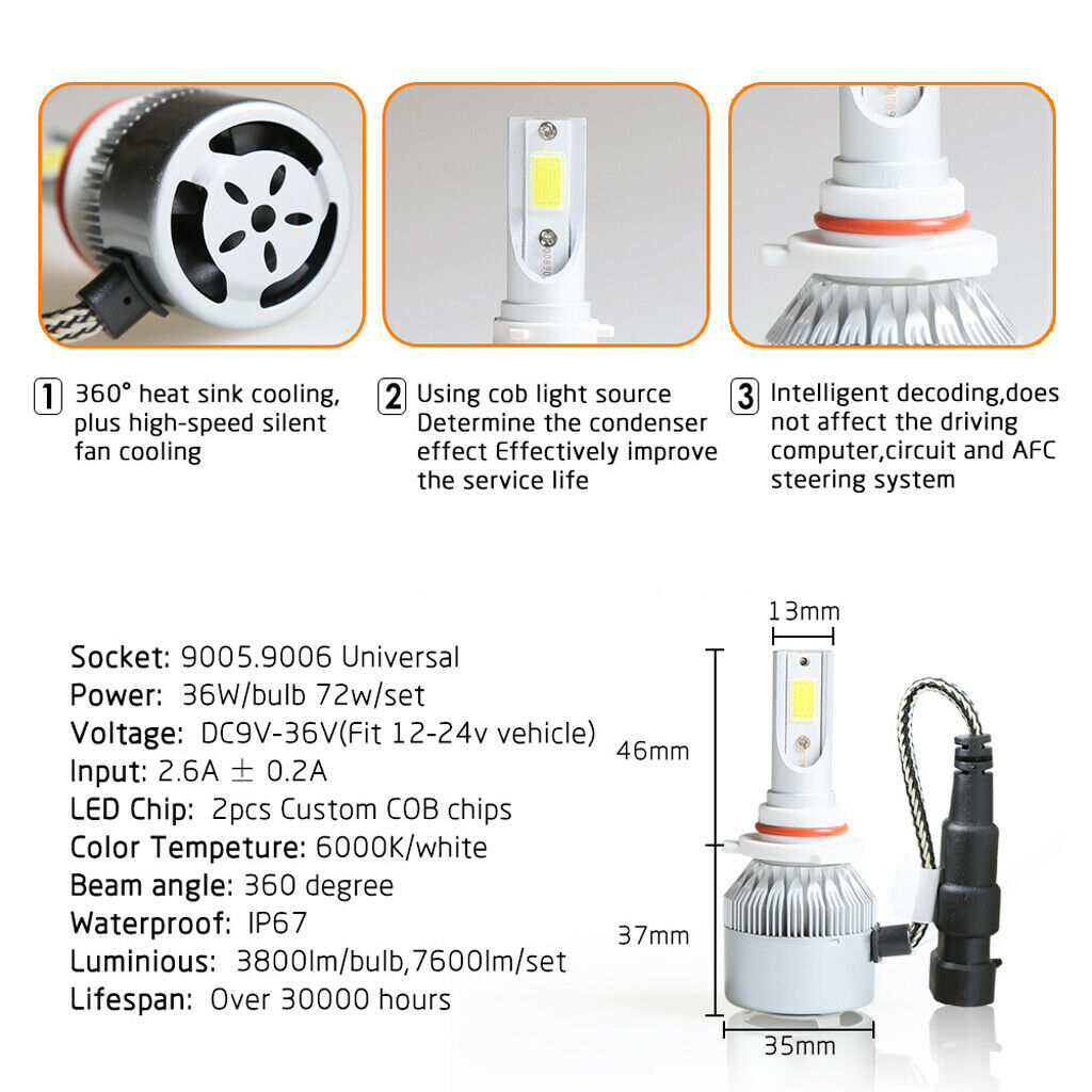 2X White LED Headlight Bulb Headlamp 6000K 3800LM 36W Car Driving Light 9006