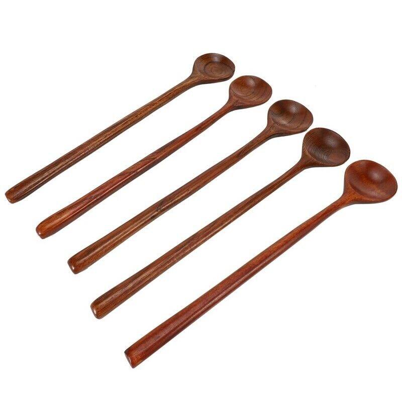 Long Spoons Wooden, 5 Pieces Korean Style 10.9 inches 100% Natural Wood Long HI9