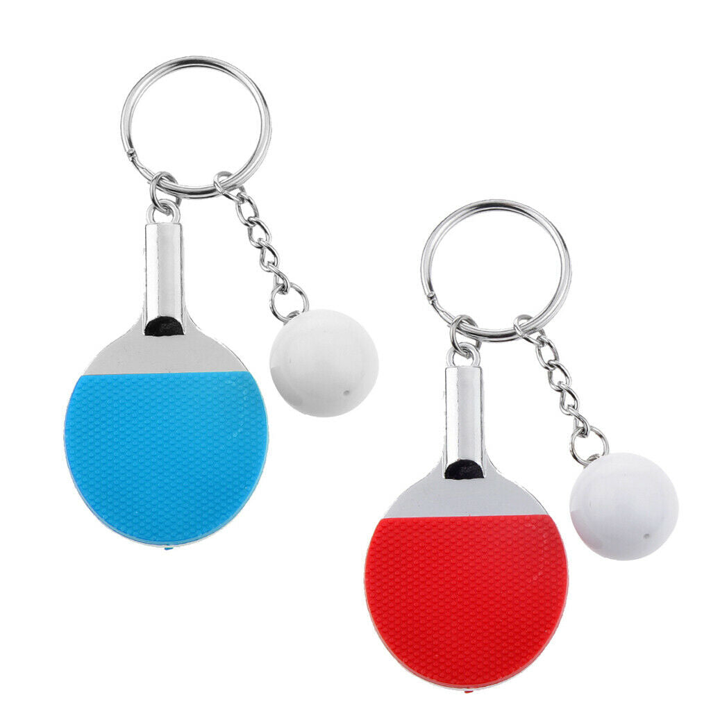 2Pc Couples Key Chain Table Tennis Ping-pong Racket & Ball Shape Red & Blue