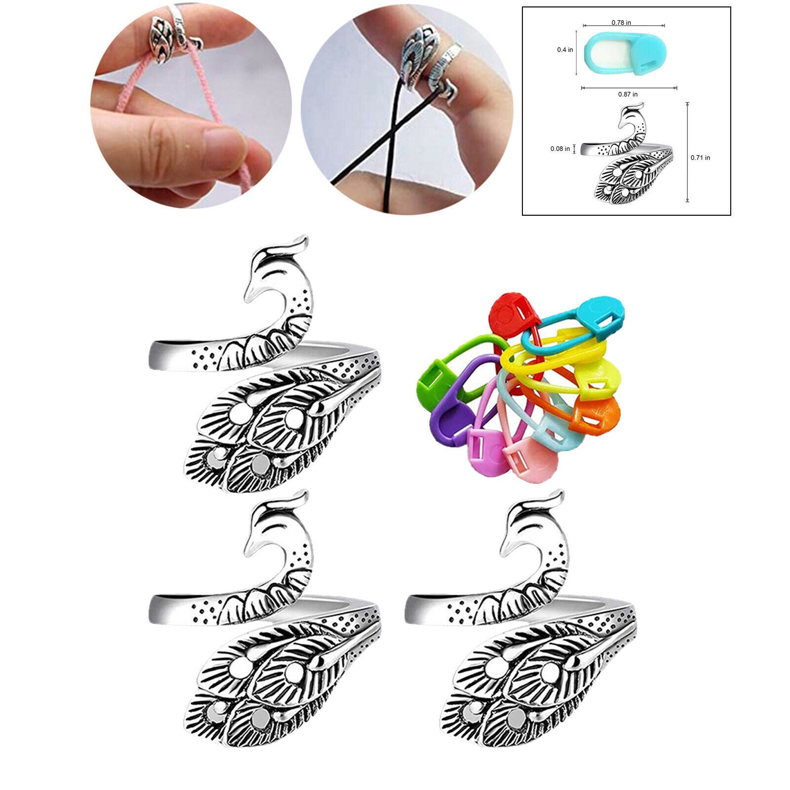 Crochet Ring Kit Peacock Adjustable Knitting Loop w/ Colorful Stitch Marker
