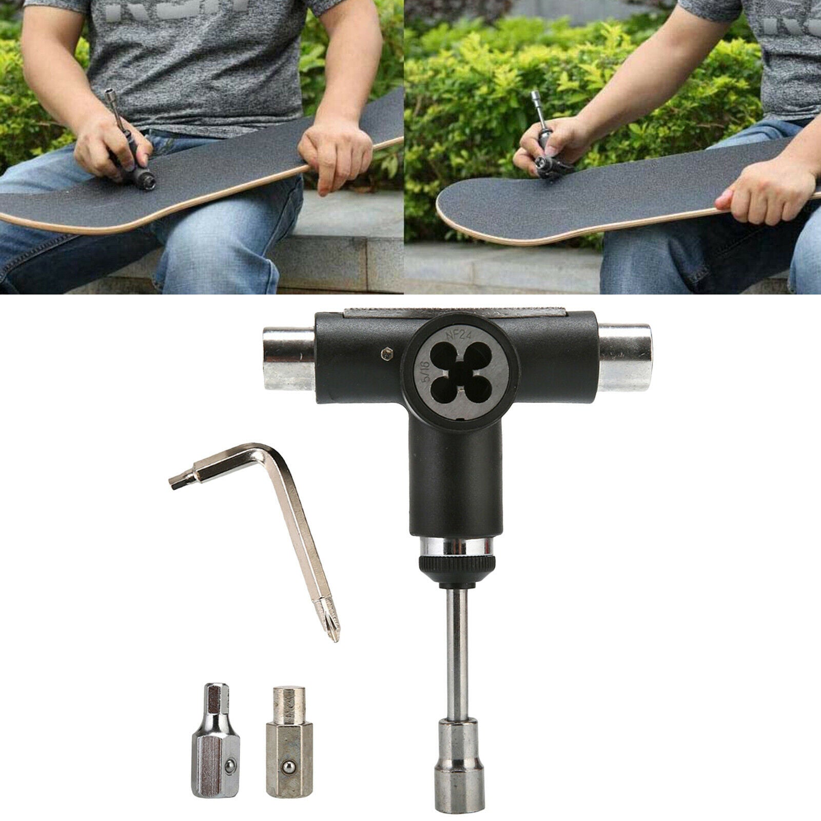 All In One Skateboard Roller Skate Longboard T Tool Wrench Spanner Black