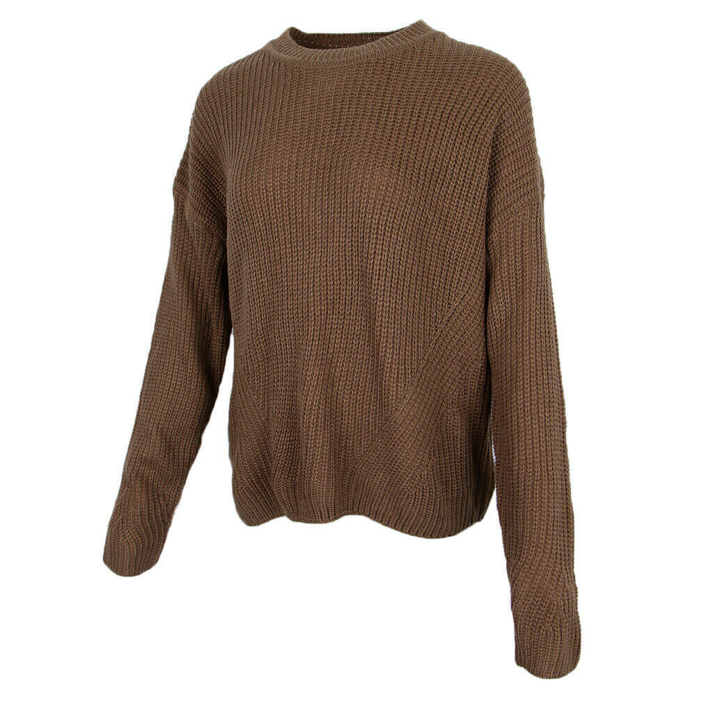 Womens Lace up Back Long Sleeve Crew Neck Knitted Sweater Loose Pullover L