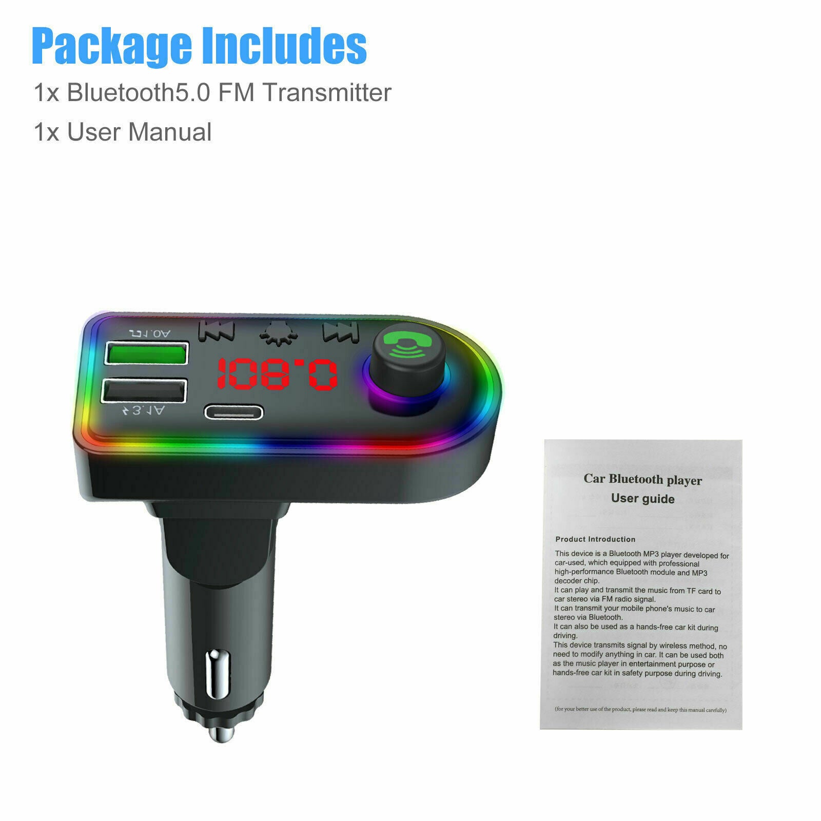 Auto Bluetooth FM Transmitter Wireless Audio Adapter Car Type-C Dual USB Charger