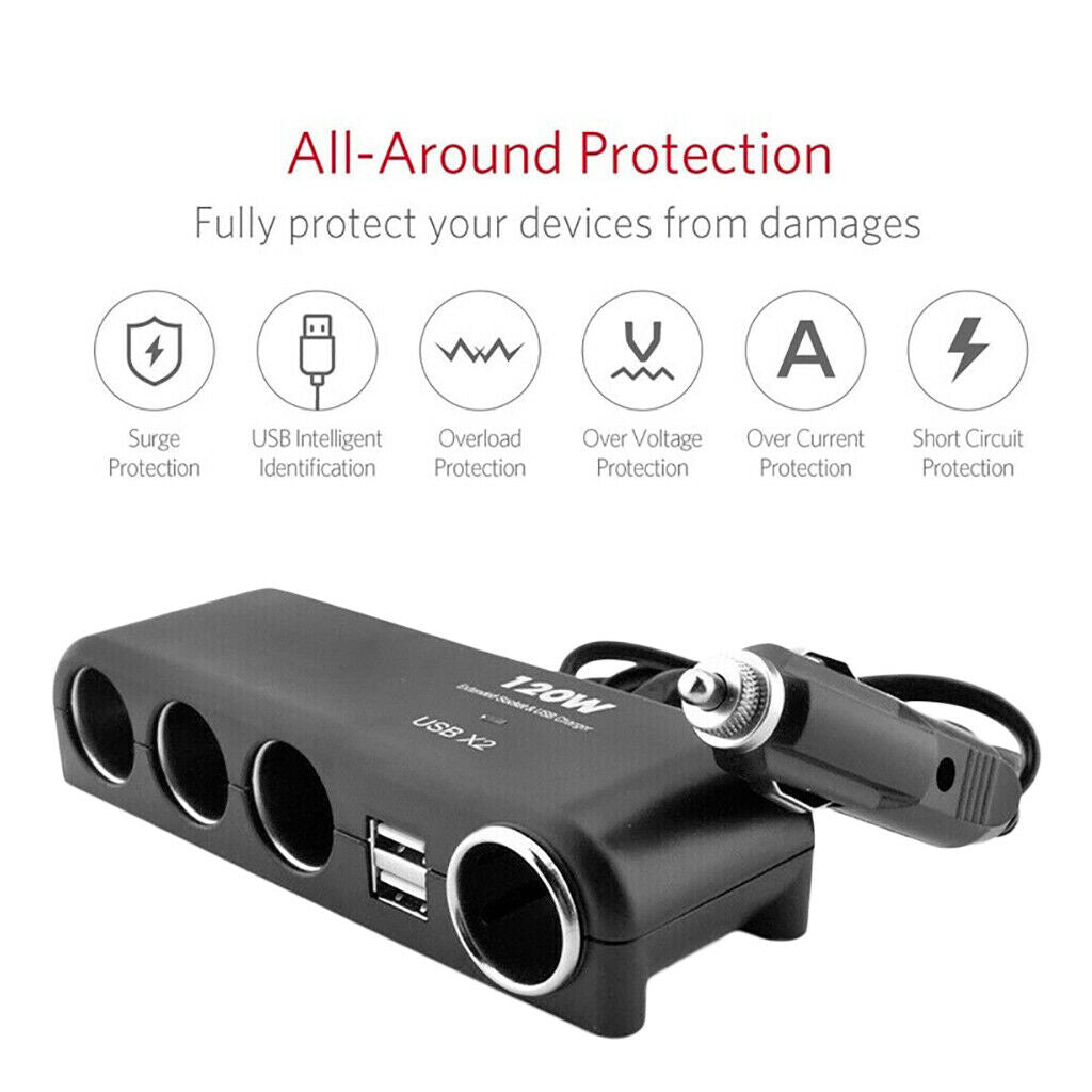 Car Cigarette Lighter 4 Way Multi Socket Splitter Charger 12V/24V 2 USB Port