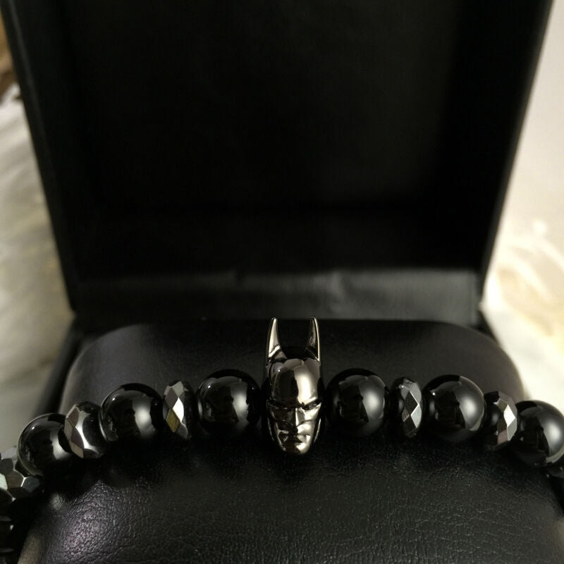 Charm Black Batman Bracelet Men 8mm Black Natural Onyx Round Male Bead Bracelets