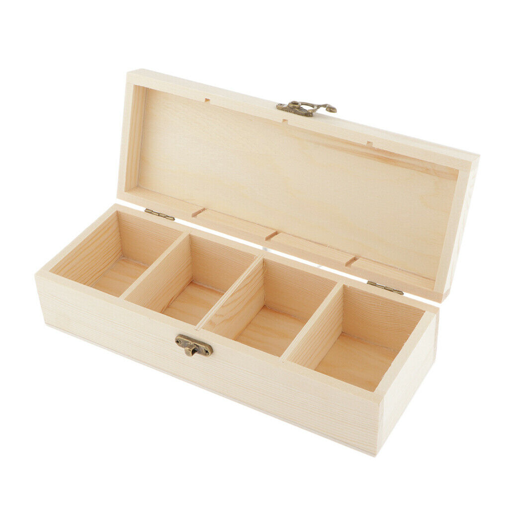 Wood Jewelry Box Tea Box Earring Ring Storage Box Holder w/ Clasp 4 Grids