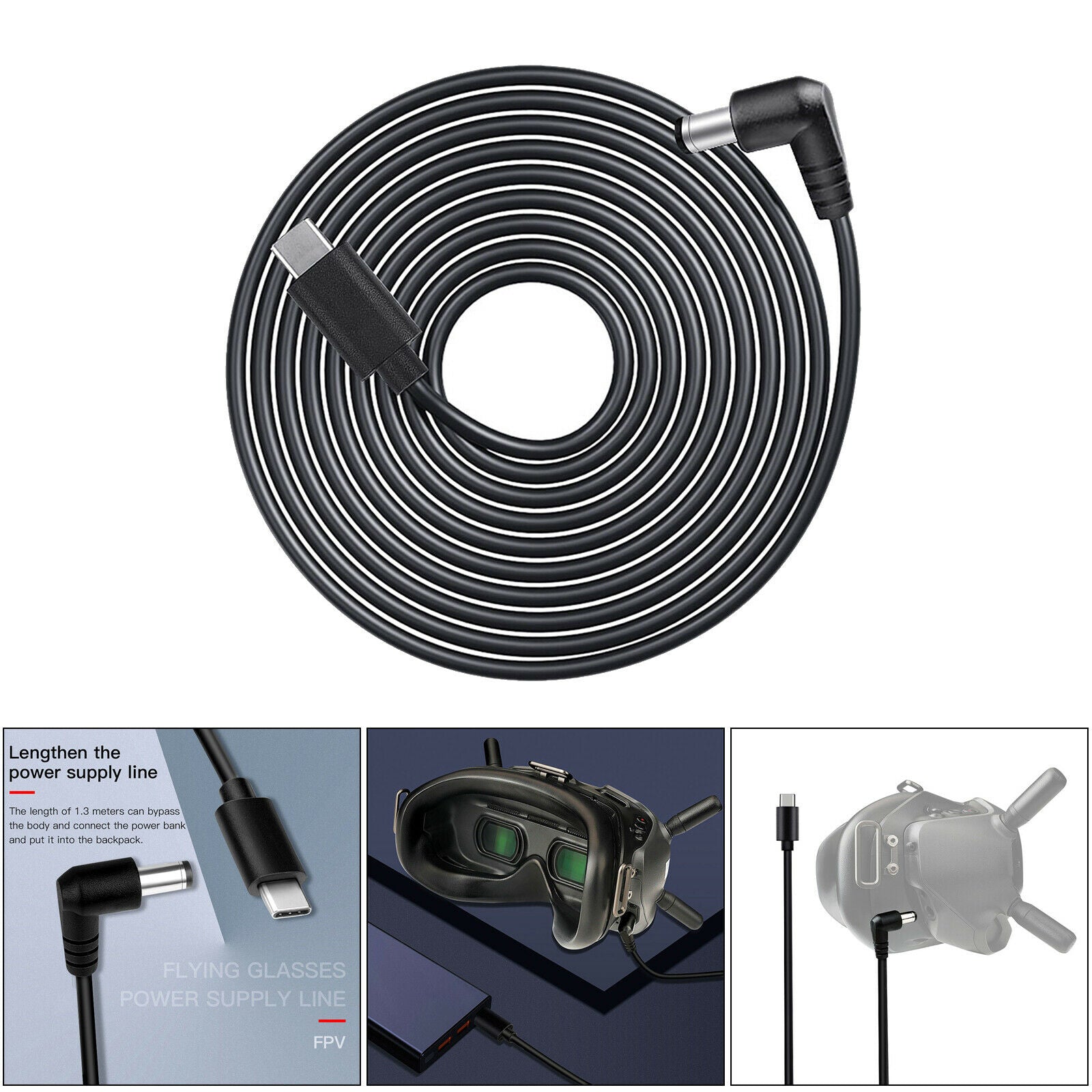 130cm Power Supply Cable Wire Cord PD Port for DJI PFV Digital Goggles Black