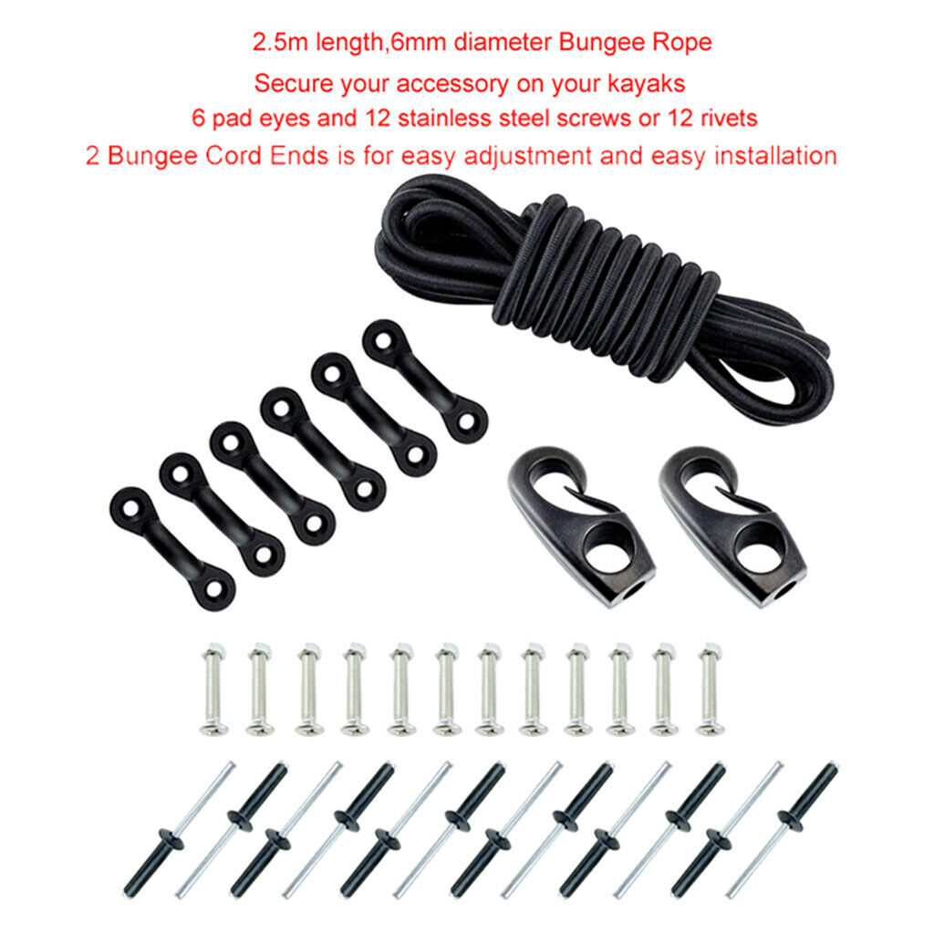 Kayak Boat Bungee Kit 8ft Cord 6 Nylon Padeyes 12 Screws 12 Rivets 2 Cord Ends