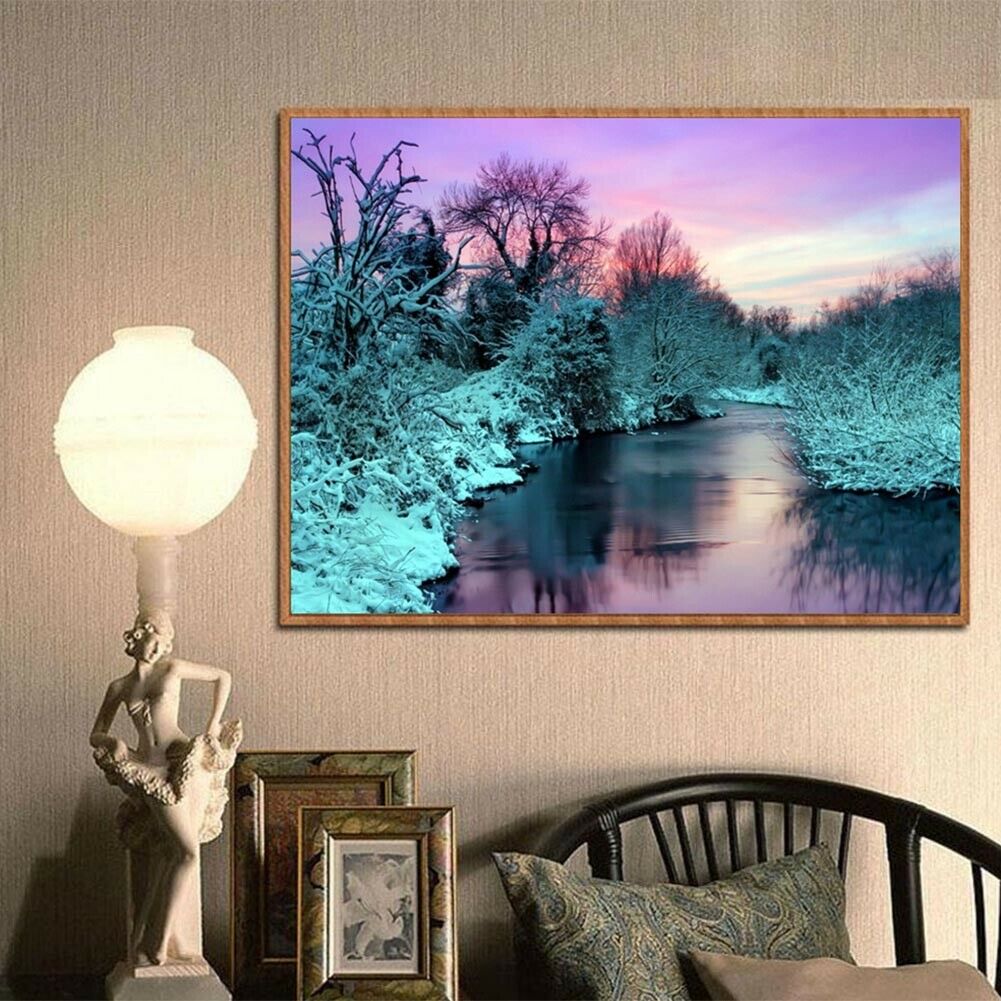 5D Diamond Embroider Painting DIY Snowy Forest Lake Full Drill Cross Stitch @