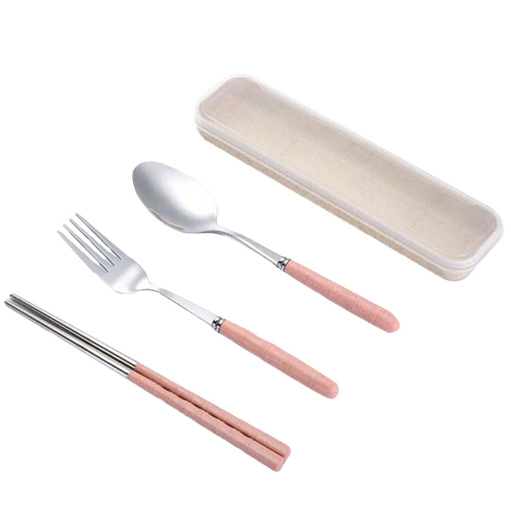 three-piece outdoor camping fork spoon chopsticks Flatware set  Pink