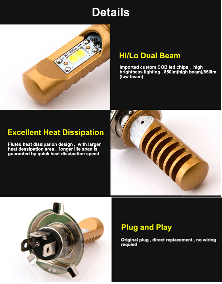 1x Aluminum H4 Motorcycle Headlight Bulb 12W LED High/Low Beam Lamp 6500K White