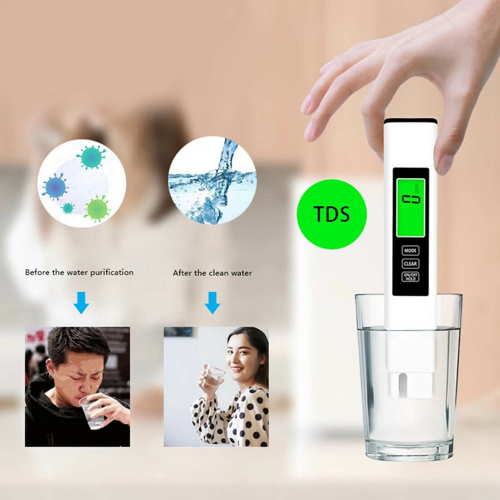 Drinking Water Tester 3 In 1 TDS Tester Pen 0-990ppm Multi-Function Meter