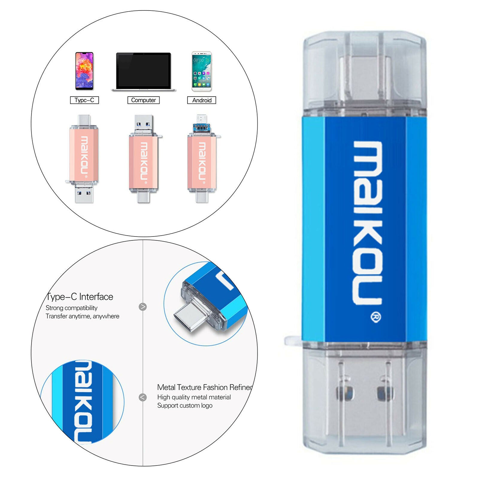 Portable 3 in 1 64G USB Flash Drive Type-C Thumb Drive Memory Stick Blue